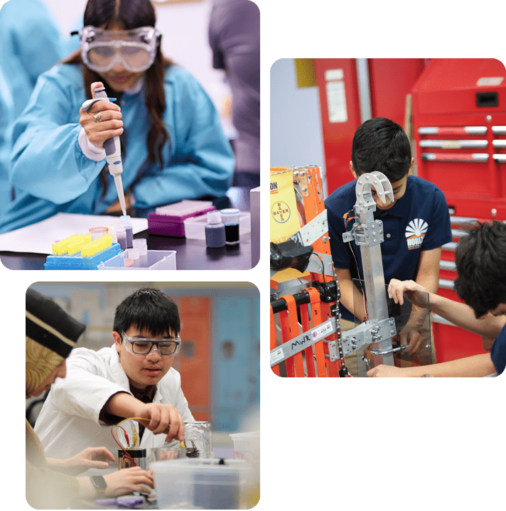Four images of students engaged in various activities in a science lab, showcasing teamwork and experimentation