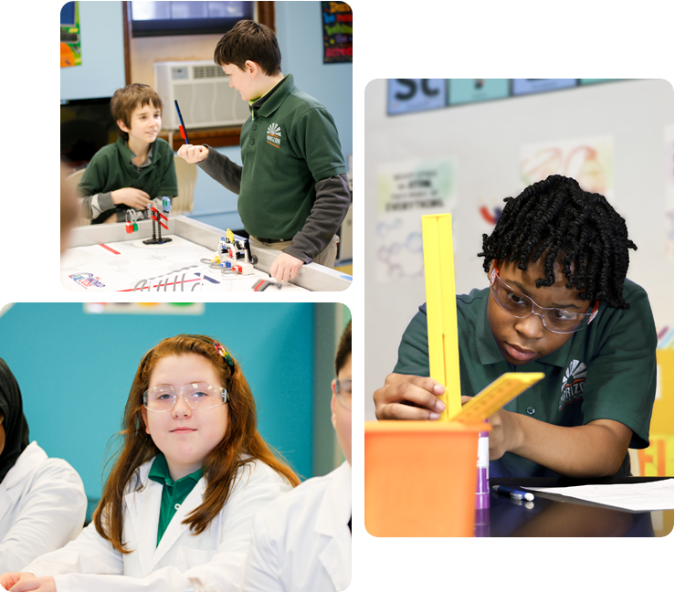 Collage showcasing various student activities including academics, science, and hands-on projects.