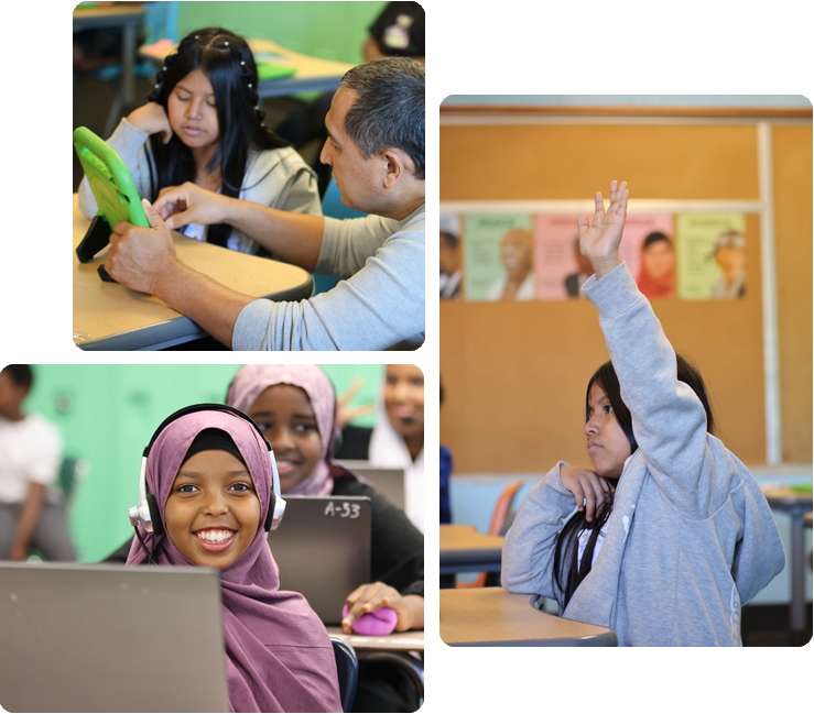 Collage showcasing various student activities including academics, science, and hands-on projects.